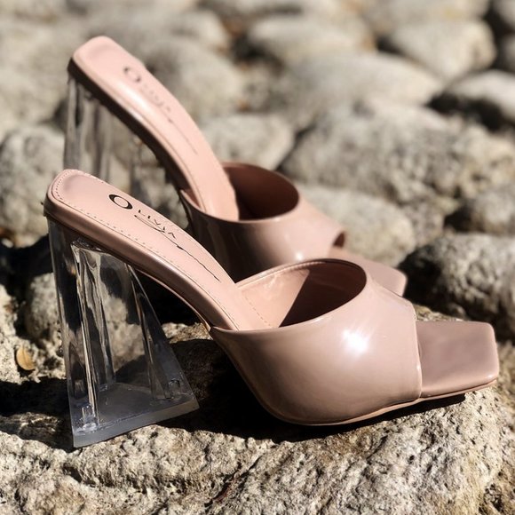 NEW Patent Clear Triangle High Block Heel Square Toe Slip On Sandals Mules Shoes - Picture 1 of 10